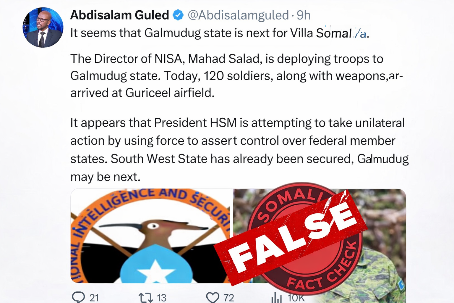 Somali Fact Check conducted a thorough investigation into the claim by contacting officials from the Galmudug administration, NISA officers, representatives of the Federal Government, and local residents.