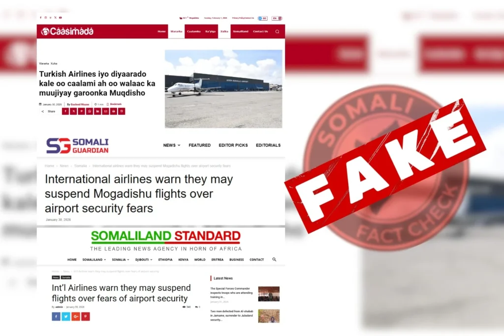 Collage of news headlines claiming international airlines may suspend flights to Mogadishu, stamped FAKE