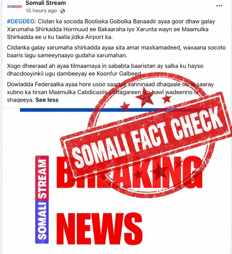 Screenshot of a Somali Stream Facebook post with a "Breaking News" banner claiming police searched Hormuud Telecom offices, stamped by Somali Fact Check