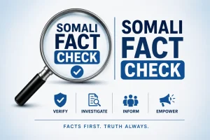 Somali Fact Check graphic with a magnifying glass and the words Verify, Investigate, Inform, Empower