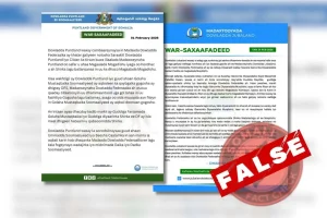 Screenshot of a Somali-language statement about Puntland and Jubaland, stamped FALSE