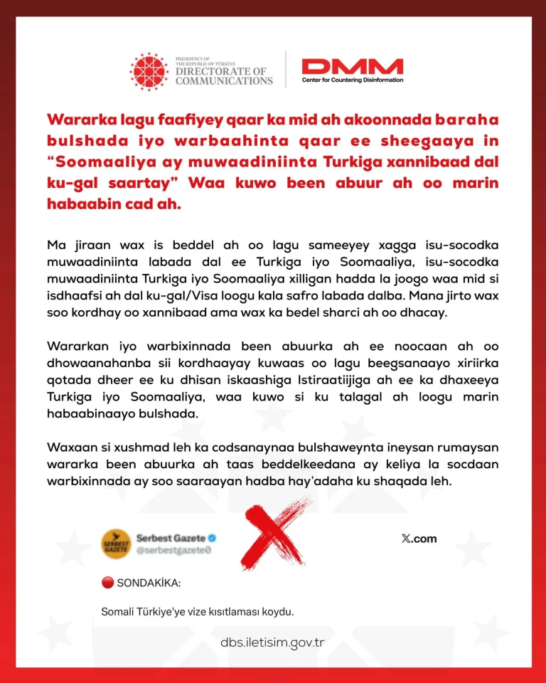 Statement in Somali from the Directorate of Communications about visas for Turkish citizens