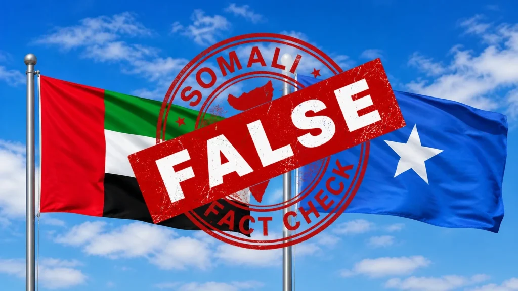 UAE and Somali flags side by side with a red FALSE stamp